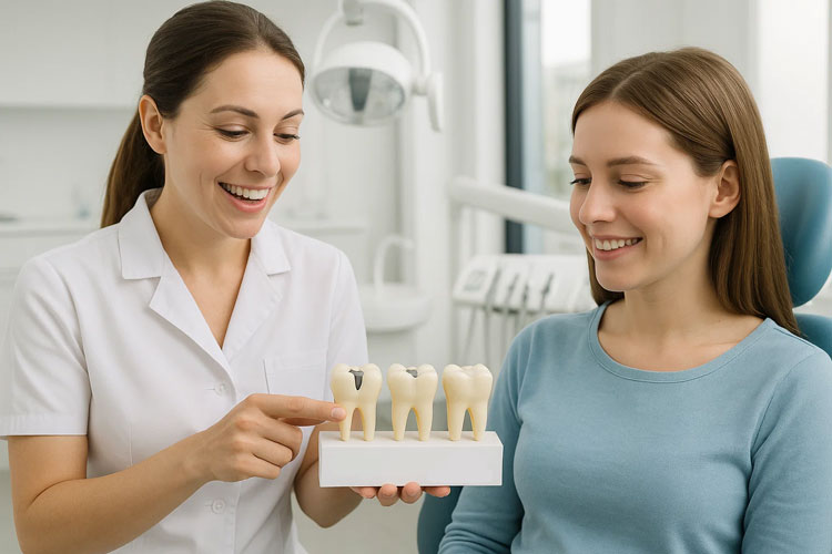 Dentist explaining best tooth filling types to patient