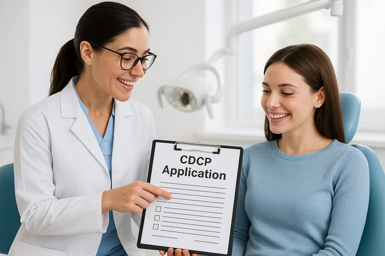 a dentist is explaining CDCP Application illustration for a patient.