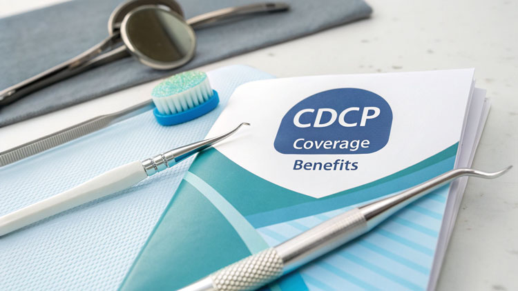 a file with the title "CDCP Coverage Benefits" and dentistry tools are on a table.