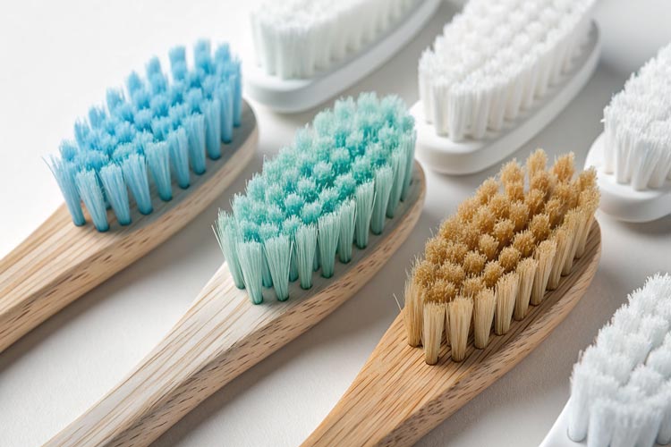 various toothbrush heads showing soft, medium, and hard bristles