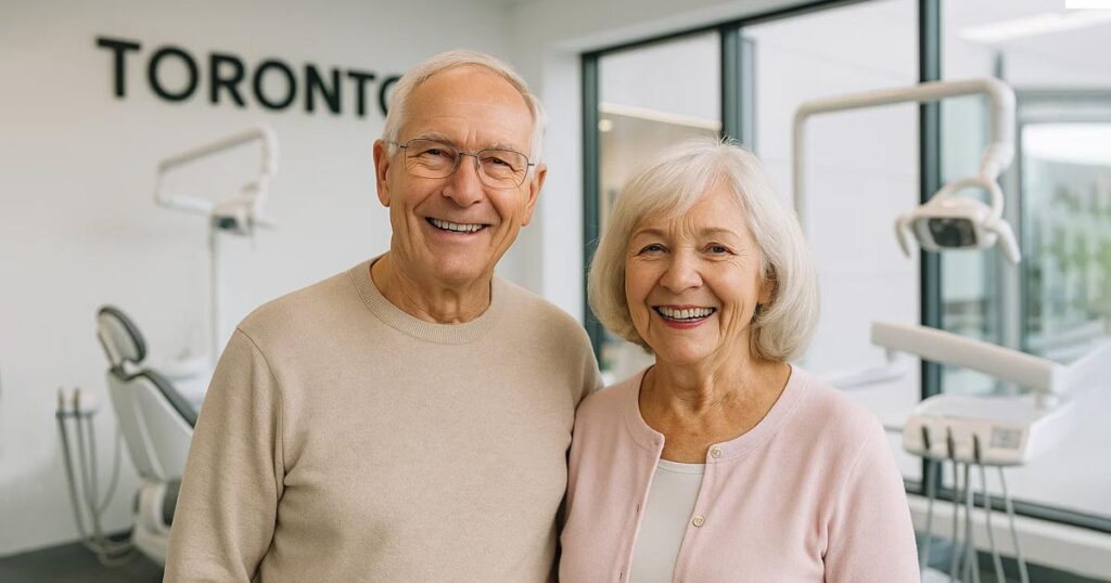 Senior couple smiling after receiving dental coverage for Canadian seniors