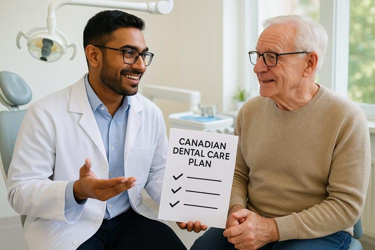 Dentist explaining dental coverage for Canadian seniors benefits
