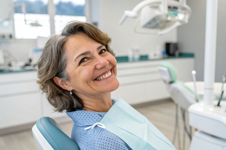 Patient smiling with flexible partial dentures for upper teeth