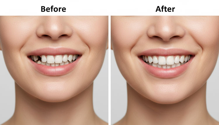 Before-and-after comparison showing improved smile with flexible partial dentures for upper teeth