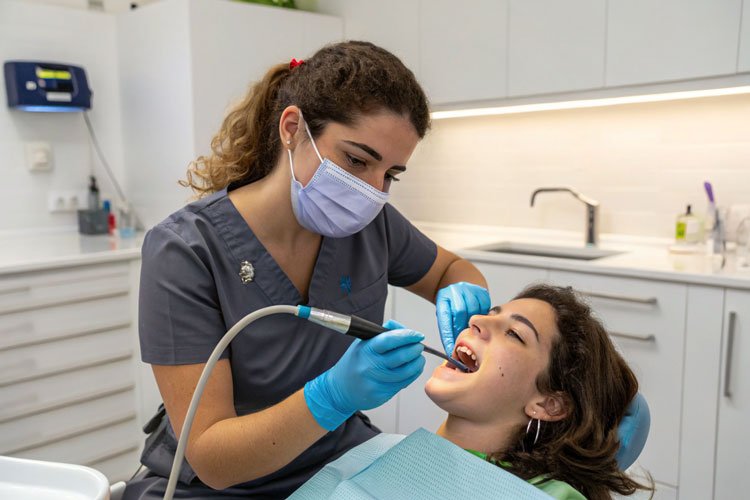 Dentist performing whitening procedure to remove amoxicillin stains from teeth