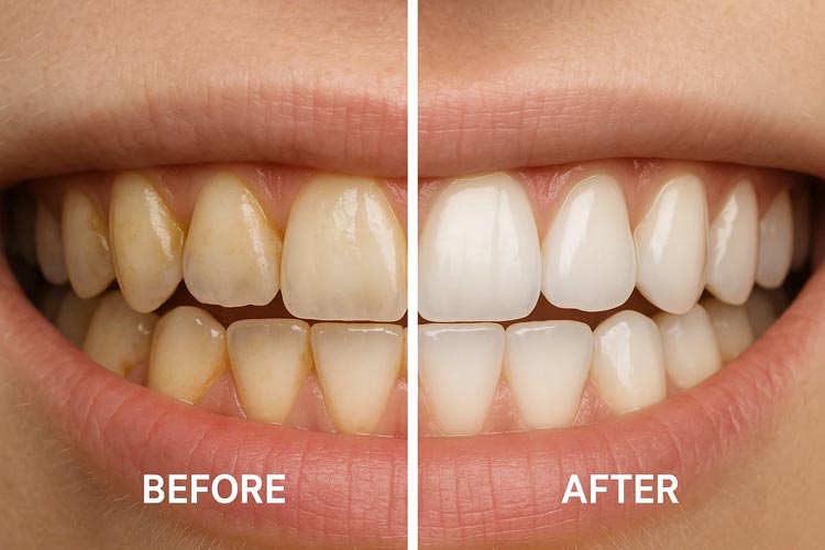 Before and after results showing removed amoxicillin stains from teeth