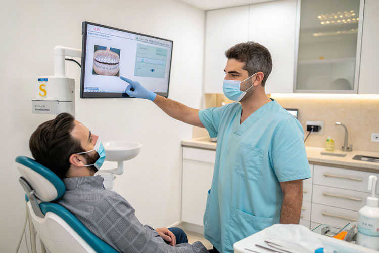 Dentist explaining dental implant pain relief steps