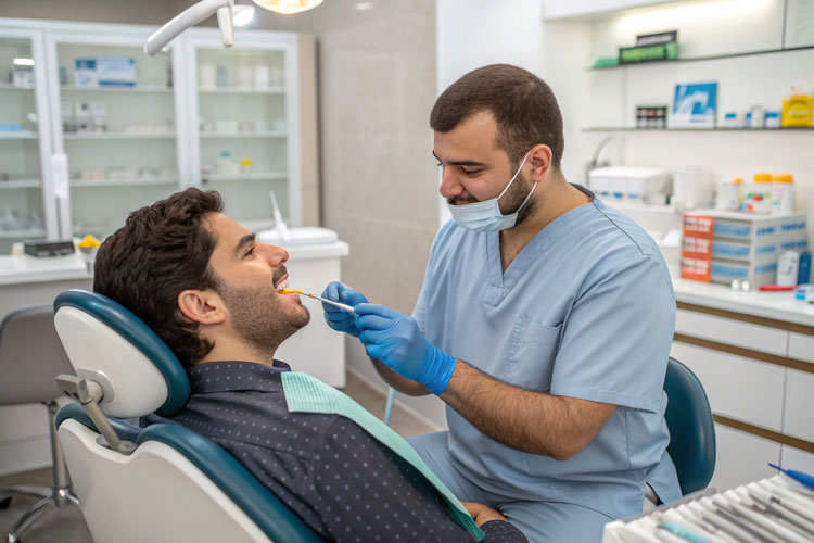 Dentist explaining dental implant pain relief steps