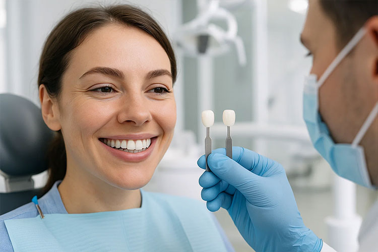 A realistic close up of a patient smiling while a dentist shows a comparison between dental veneers vs laminates in a bright modern dental clinic setting