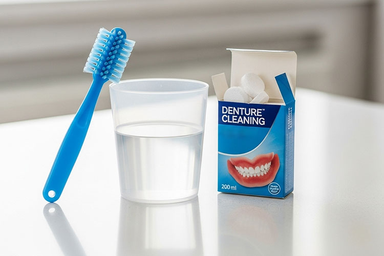 Close up of a denture cleaner soaking container on a counter