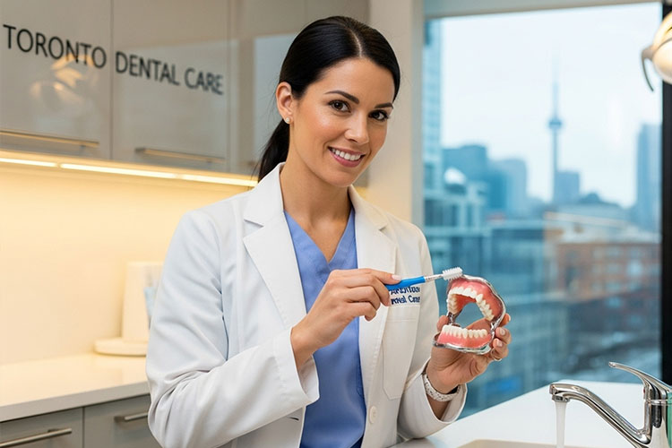 Dentist demonstrating proper denture cleaner use