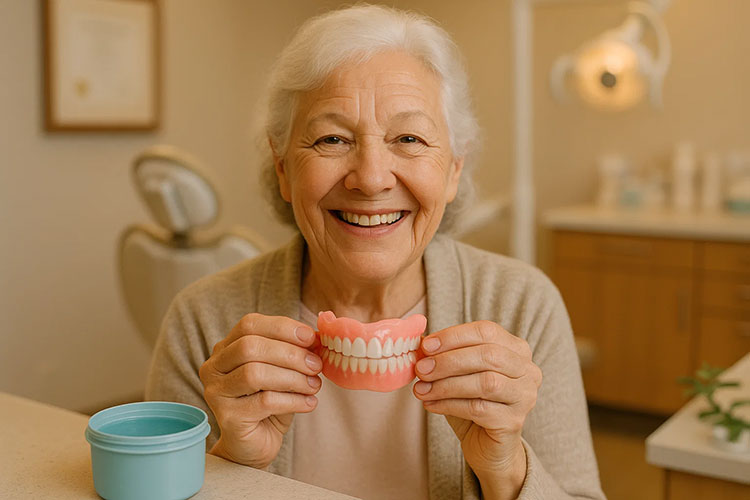 A smiling senior patient holding freshly cleaned dentures after using a denture cleaner in a warm friendly dental office