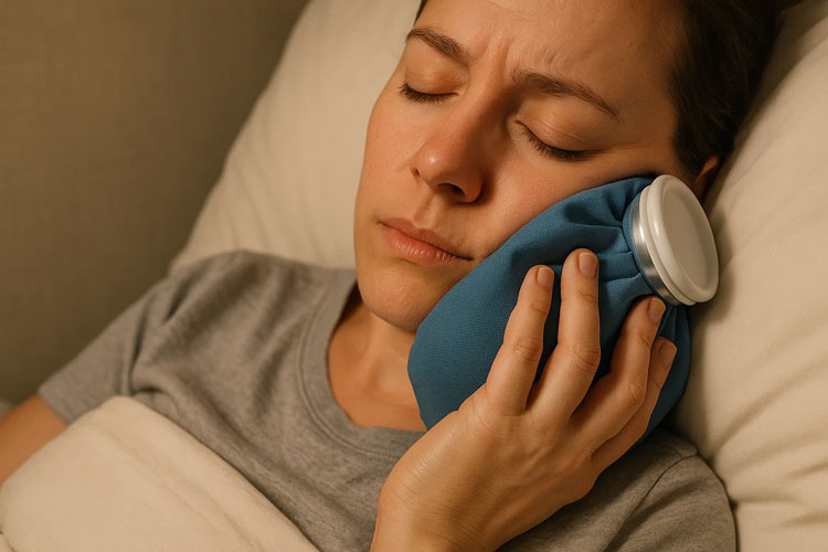 person applying a cold compress to their jaw before bedtime for toothache relief