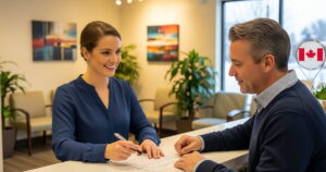 A Canadian dental clinic receptionist helping a patient with Canadian Dental Care Plan renewal.