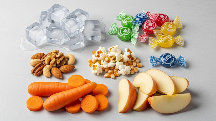 a couple of hard and crunchy foods, such as carrots, nuts and ice on a surface.