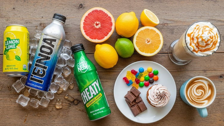 Sugary and acidic foods, such as lemon, candies and energy drinks on a wooden surface. 