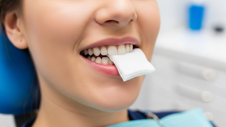 a patient gently biting down on gauze after a tooth extraction.