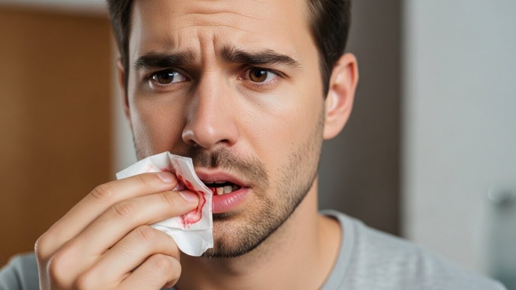 a man is worried and holding a tissue on his bleeding mouth after tooth extraction.