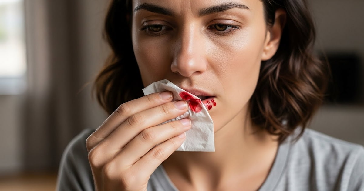 a woman is holding a tissue paper that is slightly blood stained on her mouth to stop bleeding from tooth extraction.