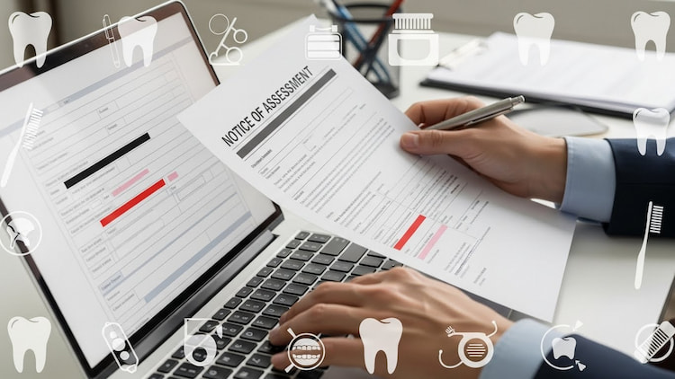Close-up of hands filling out forms on a laptop and holding a Notice of Assessment to apply for CDCP renewal. 