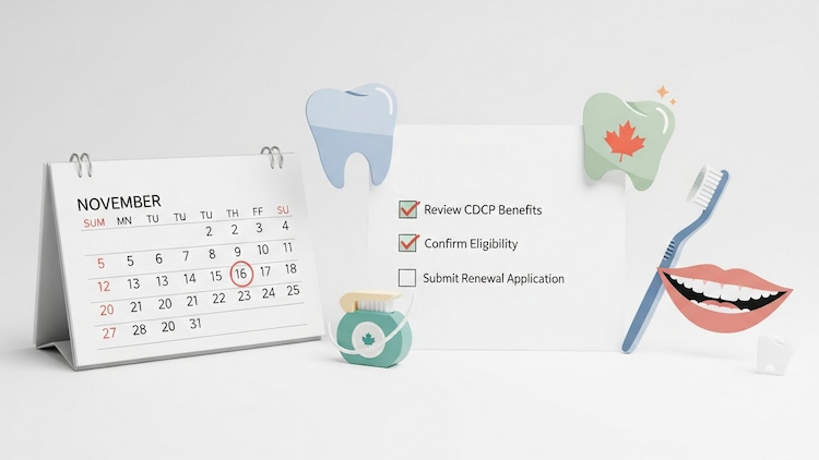 a calendar, a checklist, and dental icons representing a yearly CDCP renewal.