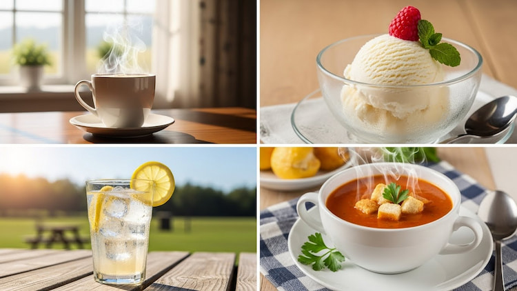 a split image for hot coffee, ice cream, hot soup, and iced drink.