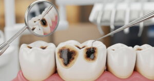 Close-up of a tooth being examined with a dental mirror and probe, highlighting dark spots on teeth.