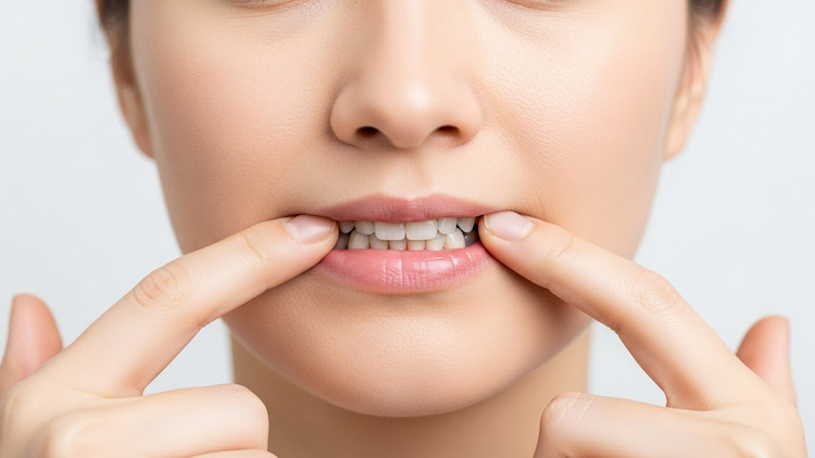 A close-up of a person’s face after dental treatment, gently touching both sides of their mouth while the other side looks normal. 