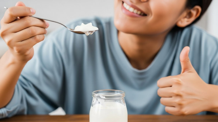 a person smiling and showing thumbs up while holding a spoon full of yogurt. 