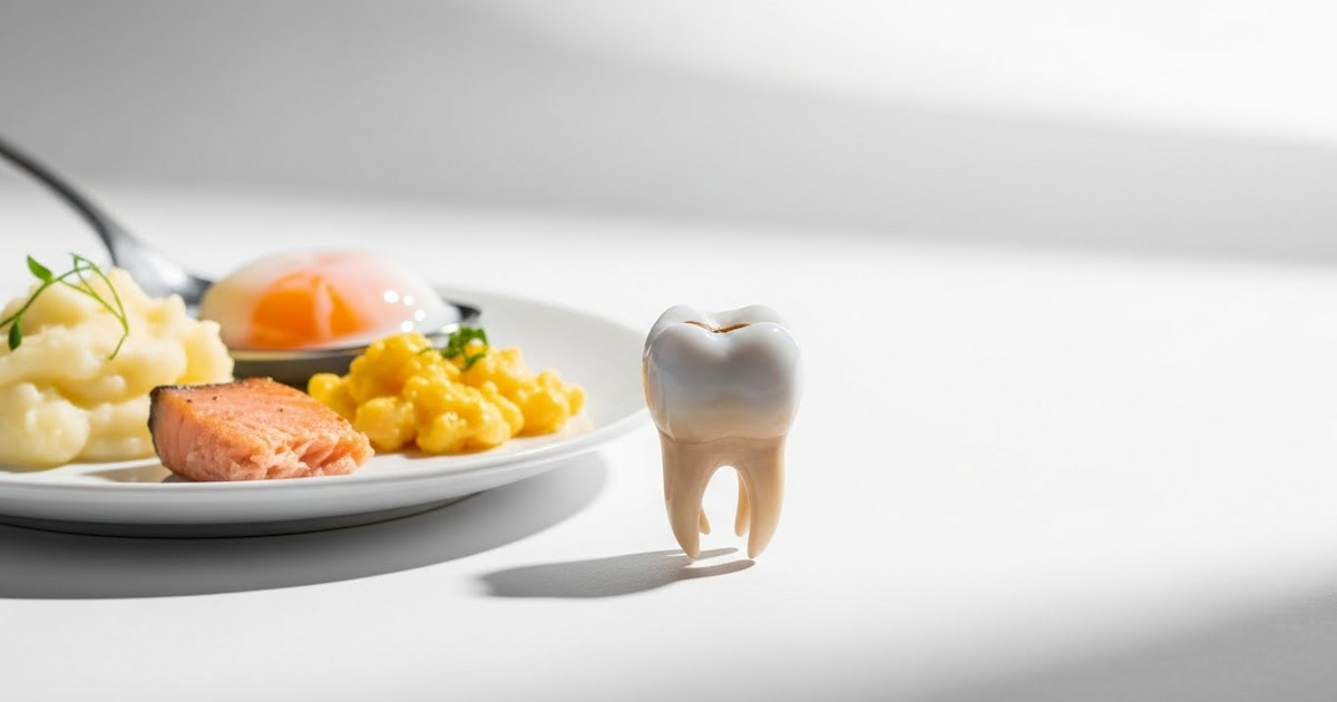 a single crowned tooth next to a small plate of soft foods
