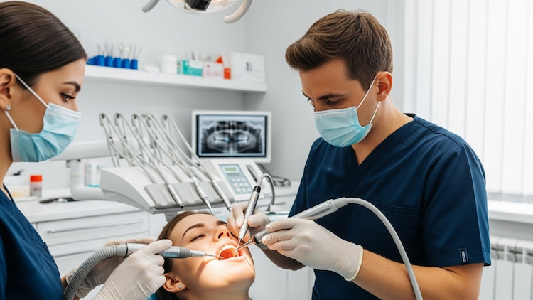 Dentist performing a professional cleaning using dental tools around the gumline for a patient in dental chair.