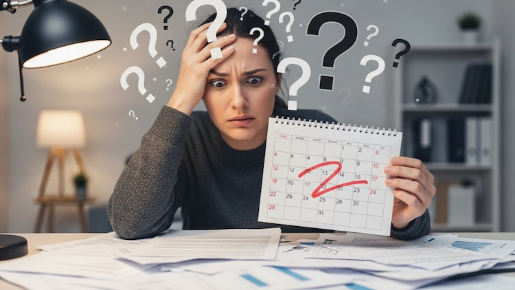 Confused person looking at papers with a calendar, question marks floating around.
