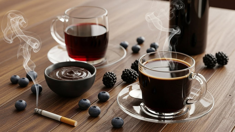 several staining foods on a table, including coffee, tea, berries, and red wine on a table, plus a cigarette. 