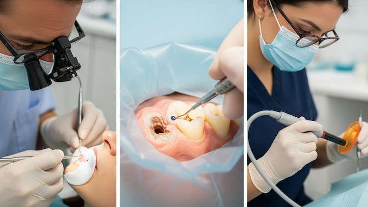 a combination of three procedure: in-office teeth whitening, composite filling procedure, and crown placement.