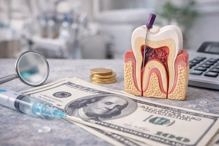 A picture of a 100 dollar bill and an artificial tooth demonstrating the cost of root canal