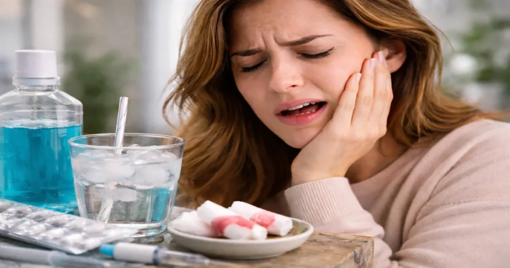 A picture of a woman with sore mouth after oral surgery