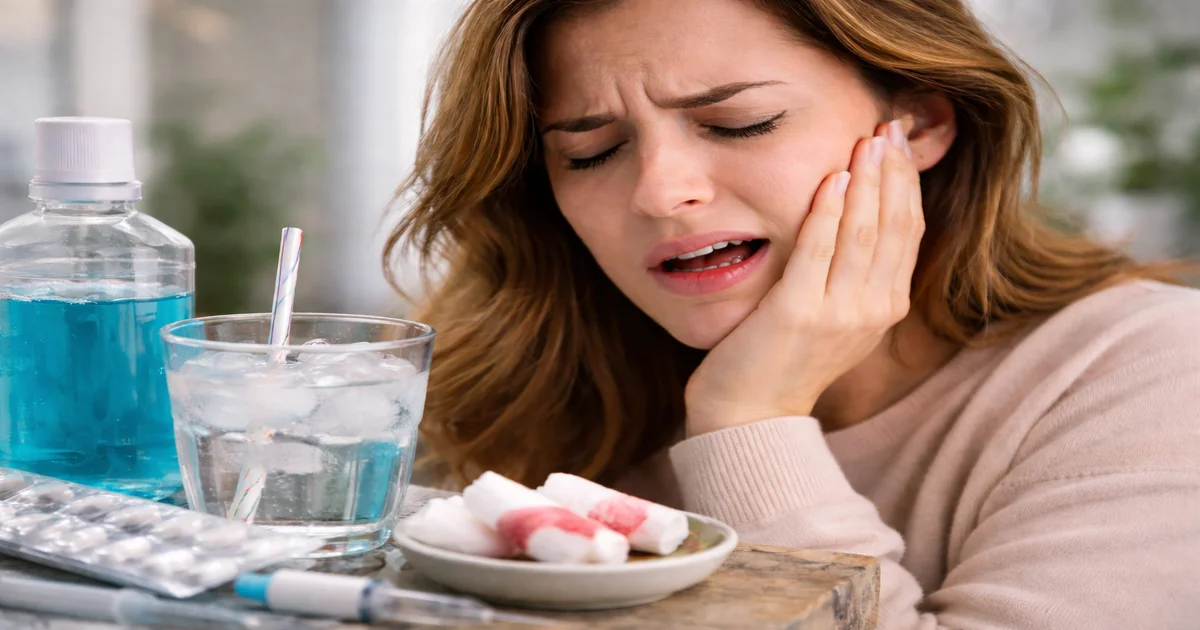 A picture of a woman with sore mouth after oral surgery