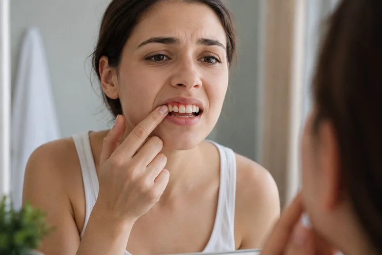 A picture of a woman suffering from bleeding gums
