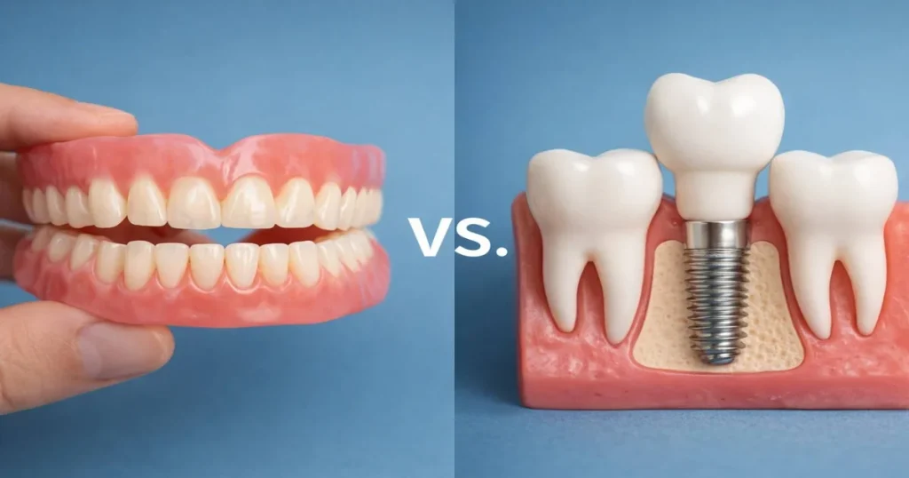a picture showing implants vs denture