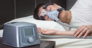 A picture of a person sleeping with a CPAP