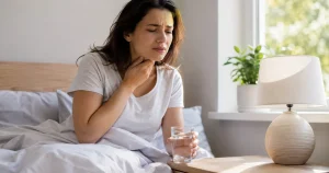 A picture of a woman coughing in the morning