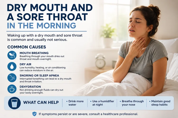 A picture of a woman waking up with a sore throat in the morning
