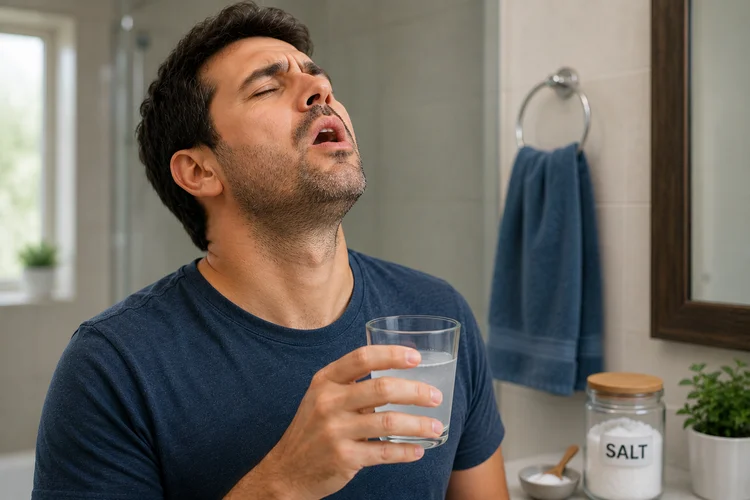 A picture of a man gargling salt and water